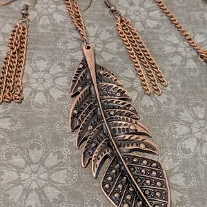 Copper Feather Necklace w Earrings